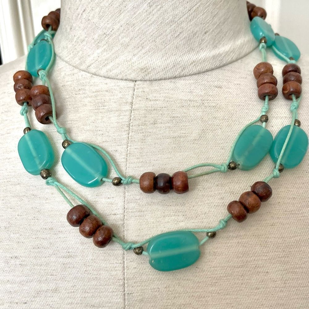Blue and wood bead double strand necklace
